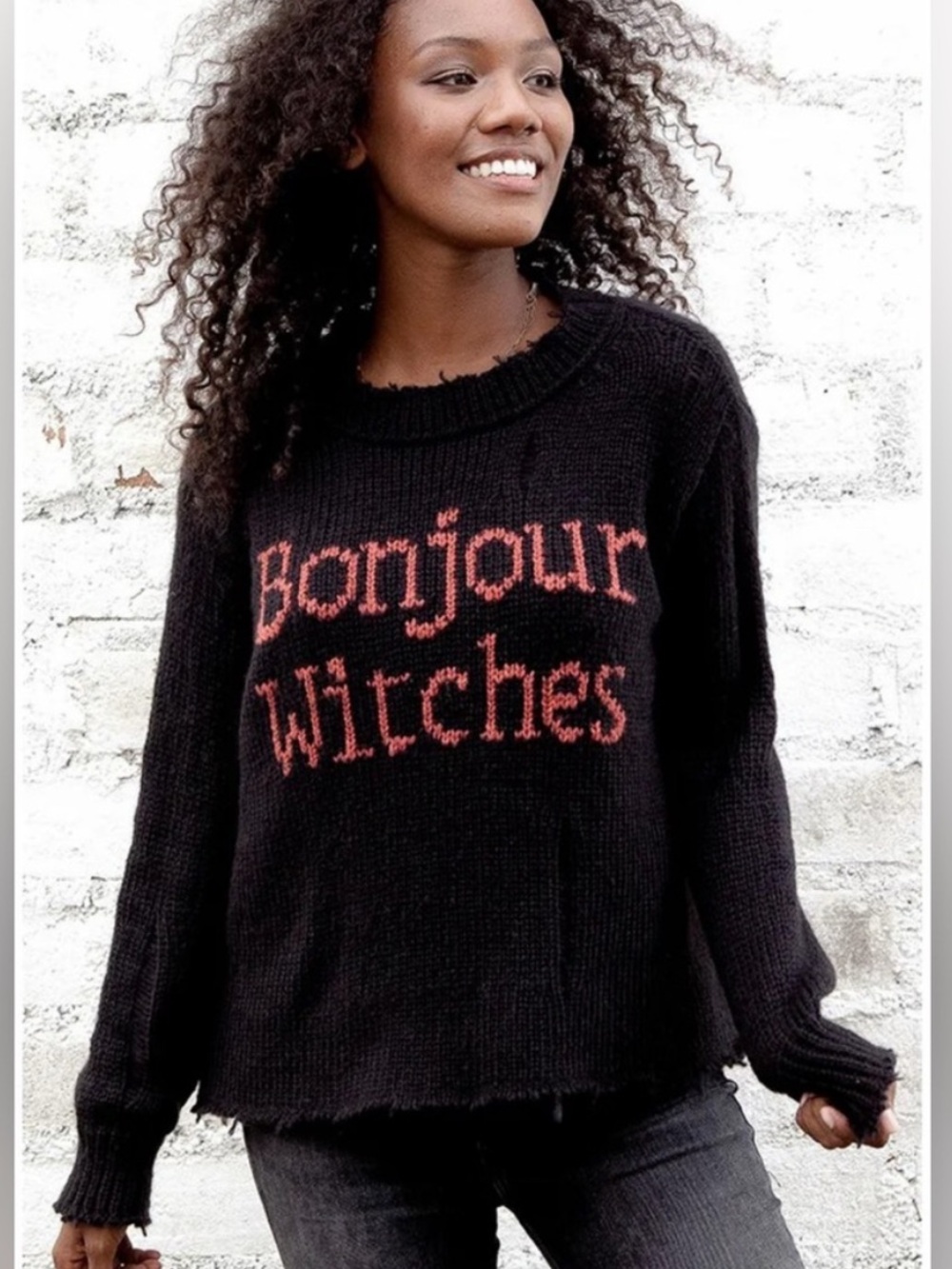 Wooden Ships Bonjour Witches Distressed Knit Sweater Size S/M Black Halloween